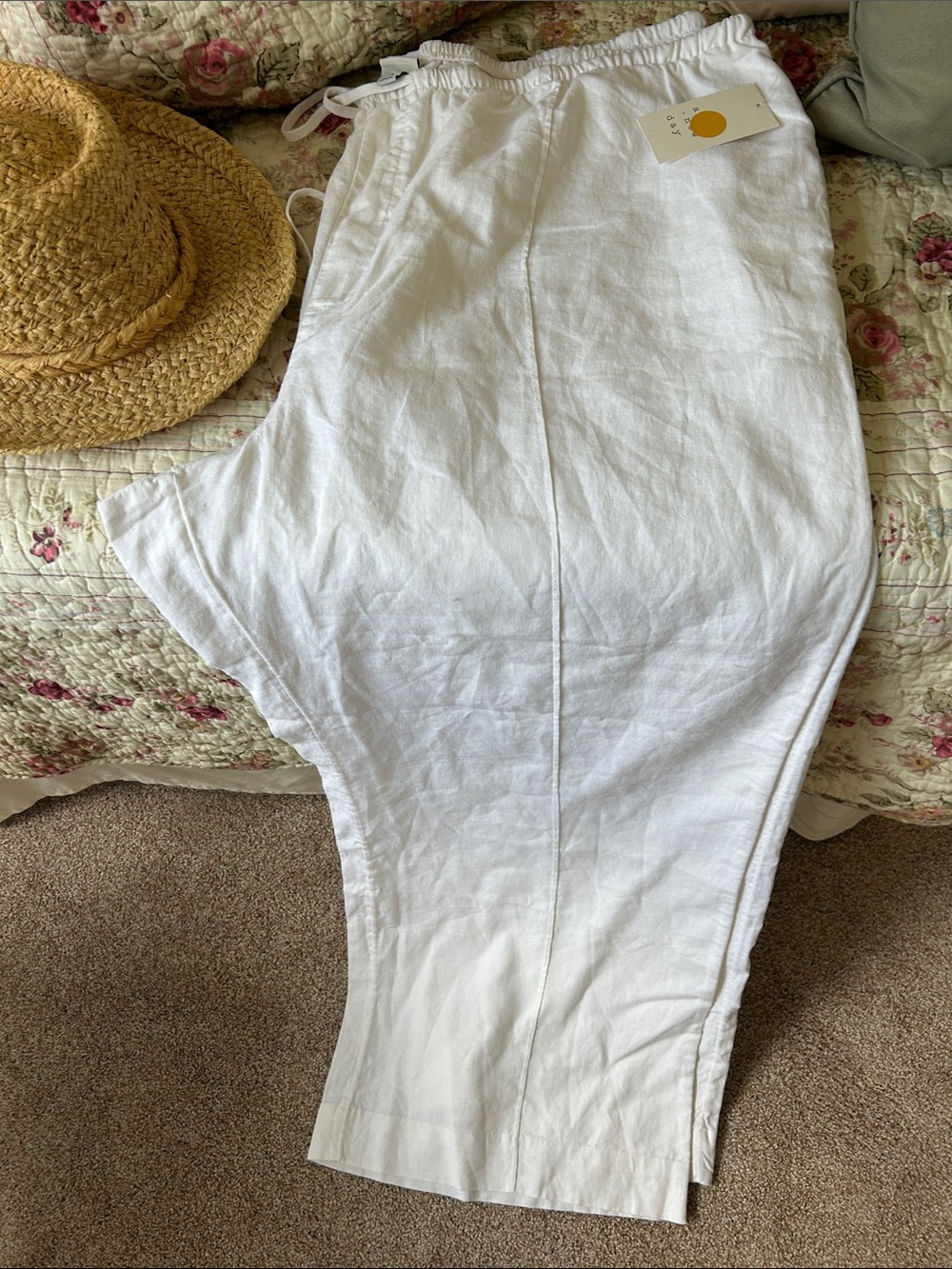 a new day 100% Linen Wide Leg Drawstring Pants in White